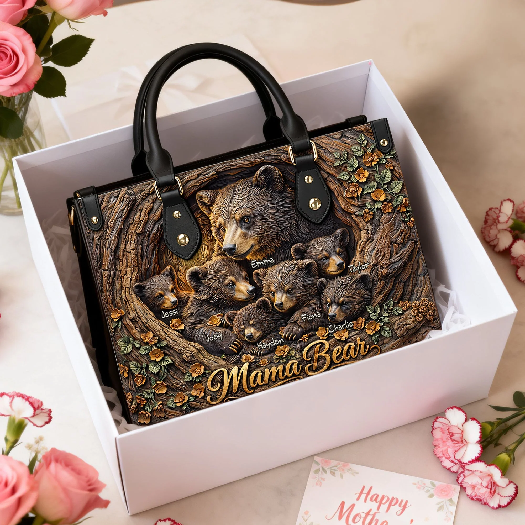 Strong Mama Bear Family - Personalized Leather Bag - Gift For Mom, Grandma - Image 4