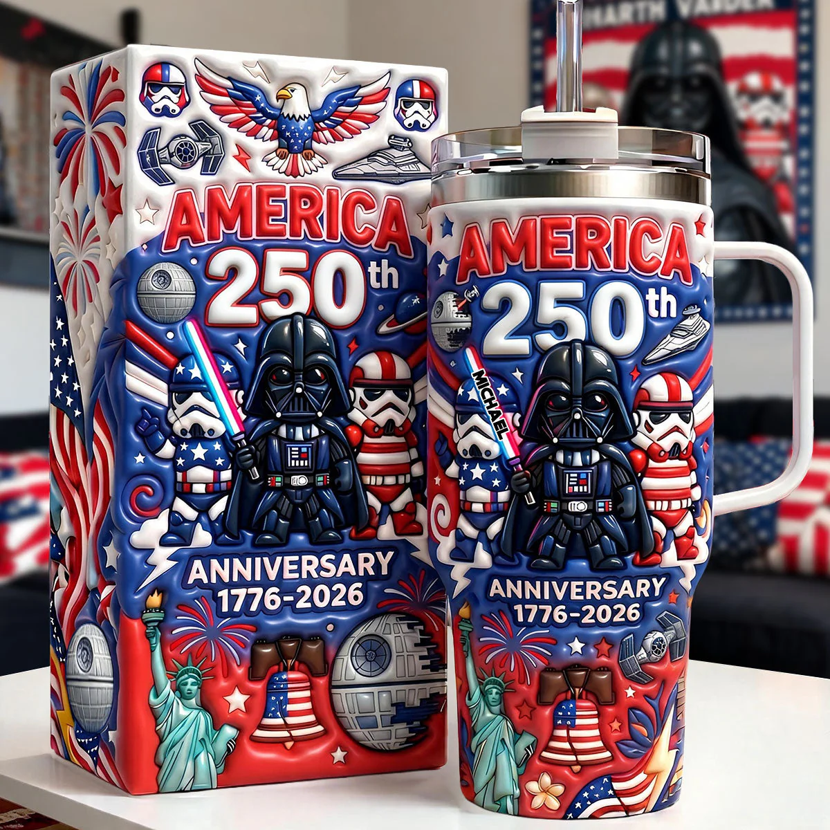 Stwa Galaxy Star Celebrate 250 Years Of USA - Personalized Tumbler With Handle - Gift For Patriots, Movie Fans