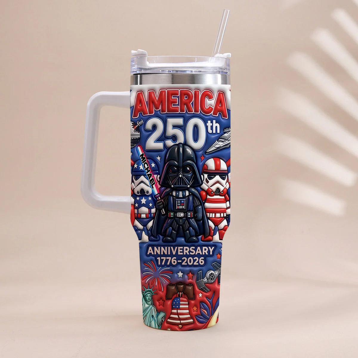 Stwa Galaxy Star Celebrate 250 Years Of USA - Personalized Tumbler With Handle - Gift For Patriots, Movie Fans - Image 2