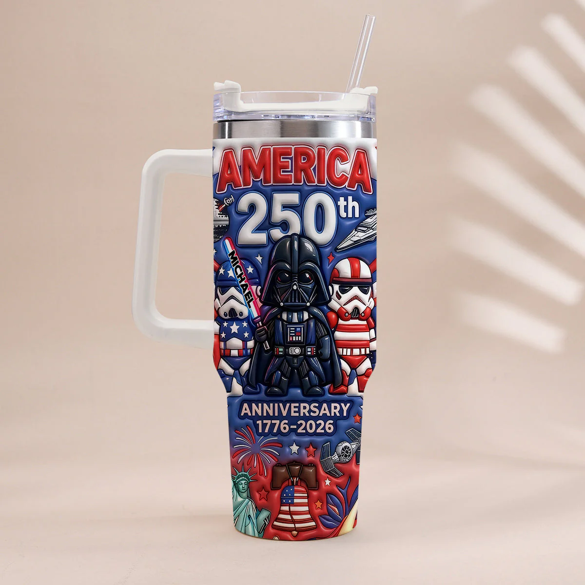 Stwa Galaxy Star Celebrate 250 Years Of USA - Personalized Tumbler With Handle - Gift For Patriots, Movie Fans - Image 3
