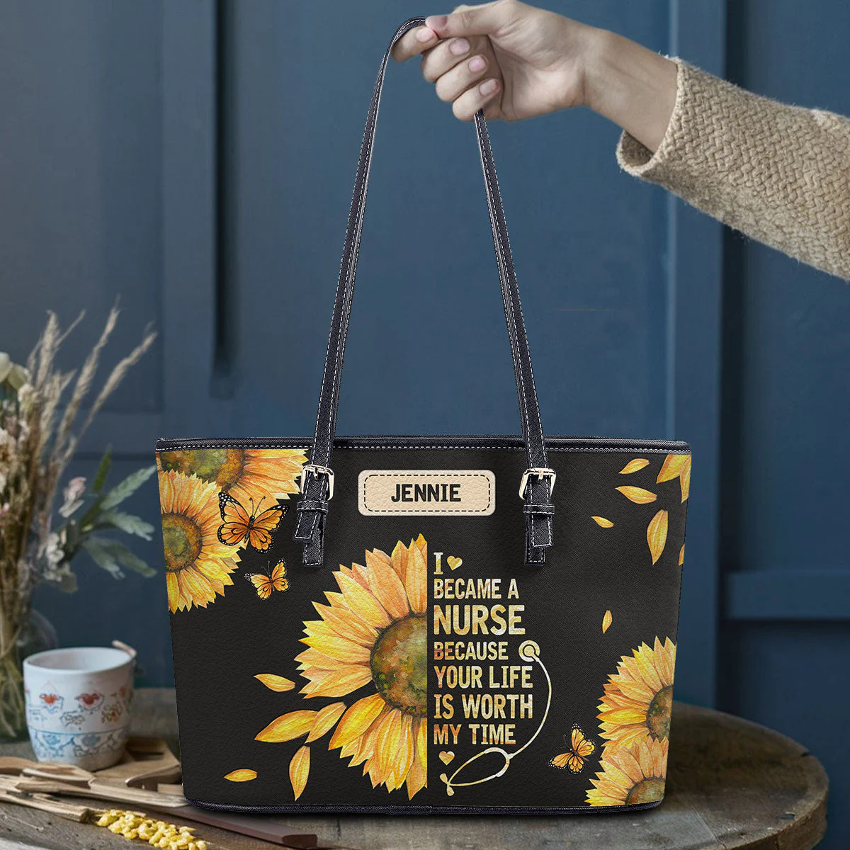 Sunflower Nurse - Personalized Leather Tote Bag - Gift For Nurse HH01 - Image 3
