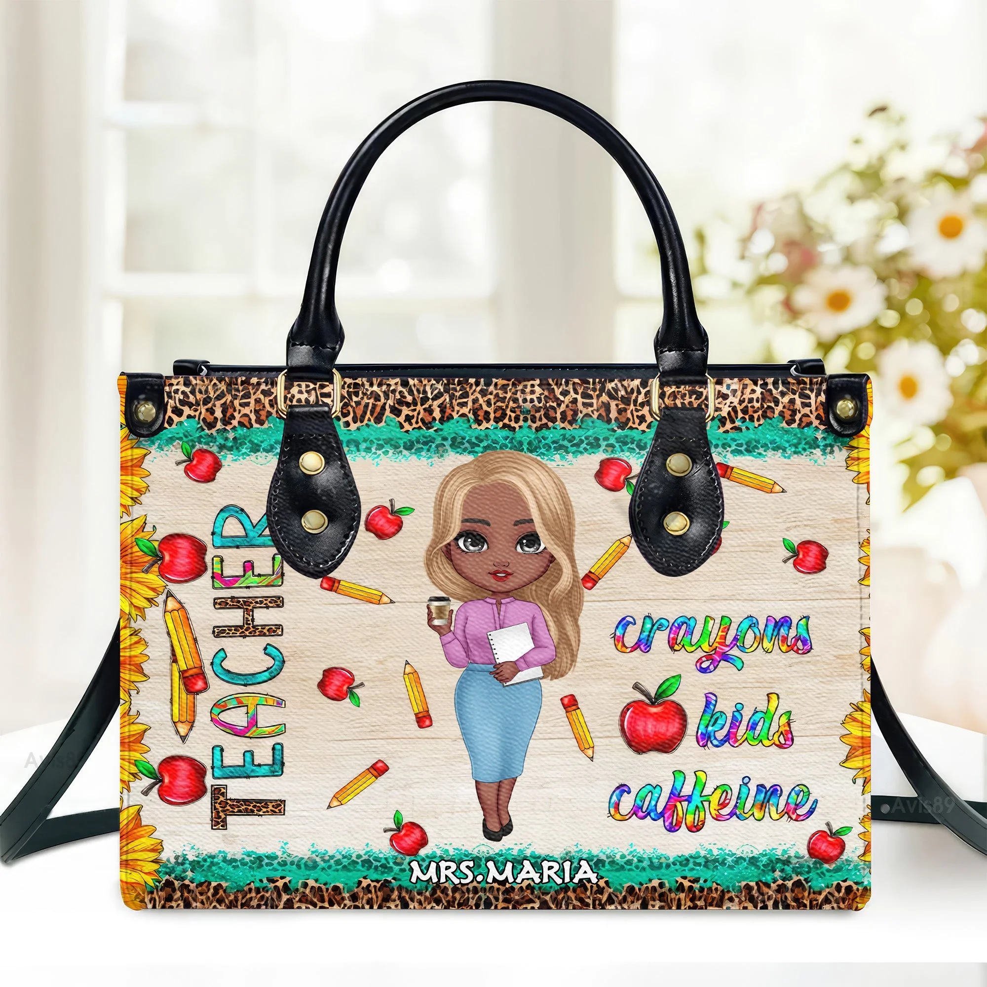 Sunflowers Crayons, Kids & Caffeine - Personalized Leather Handbag - Gift For Teacher | CLTC01 HD95