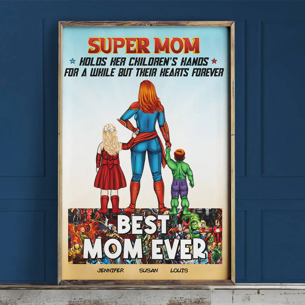 Super Hero Mom Holds Her Children Hands - Personalized Canvas Poster - Gift For Mom, Mother's Day | CL02 NA94