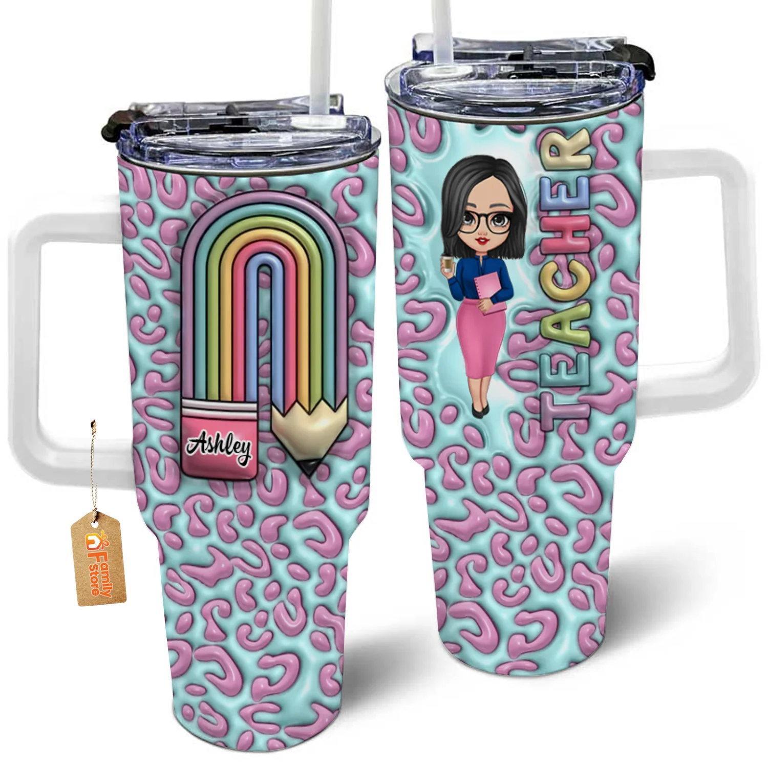 Teacher Pencil - Personalized Custom 40oz Tumbler With Handle - Teacher's Day Gift For Teacher - Image 4