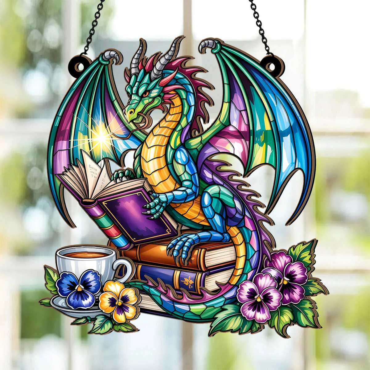 The Lorekeeper Dragon - Window Hanging Suncatcher - Gift For Book Lover
