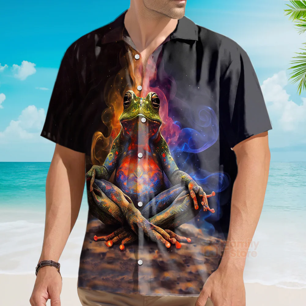 Spiritual Meditation Trendy Frog Print Short Sleeve Shirt - Hawaiian Shirt - Image 4