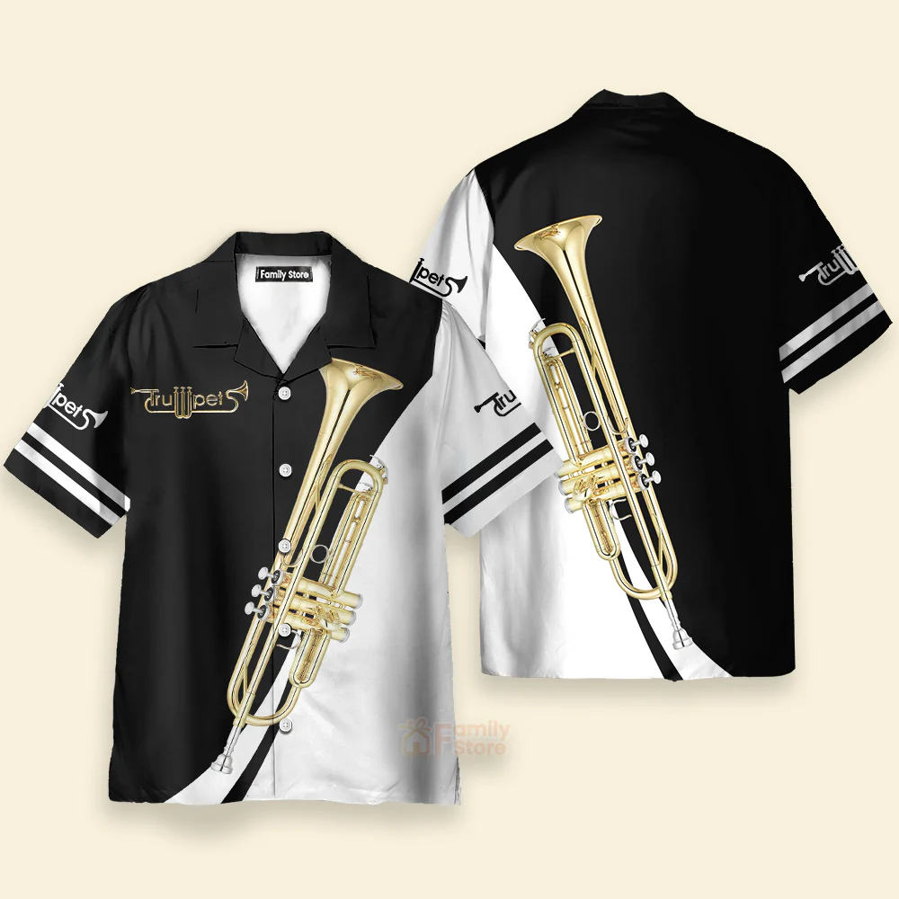 Trumpet Music Instrument Black And White Aloha Hawaiian Shirts - Image 3