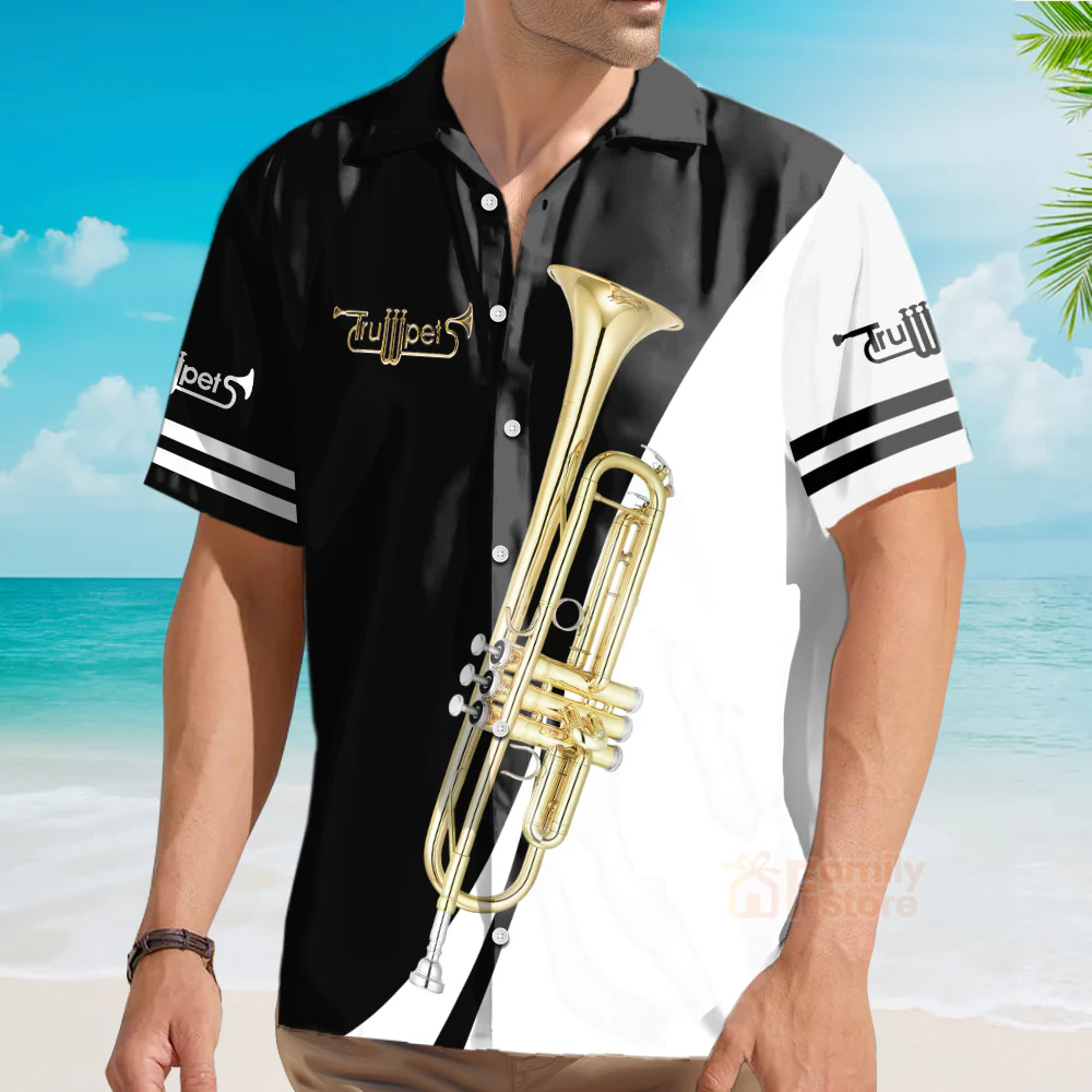 Trumpet Music Instrument Black And White Aloha Hawaiian Shirts - Image 4