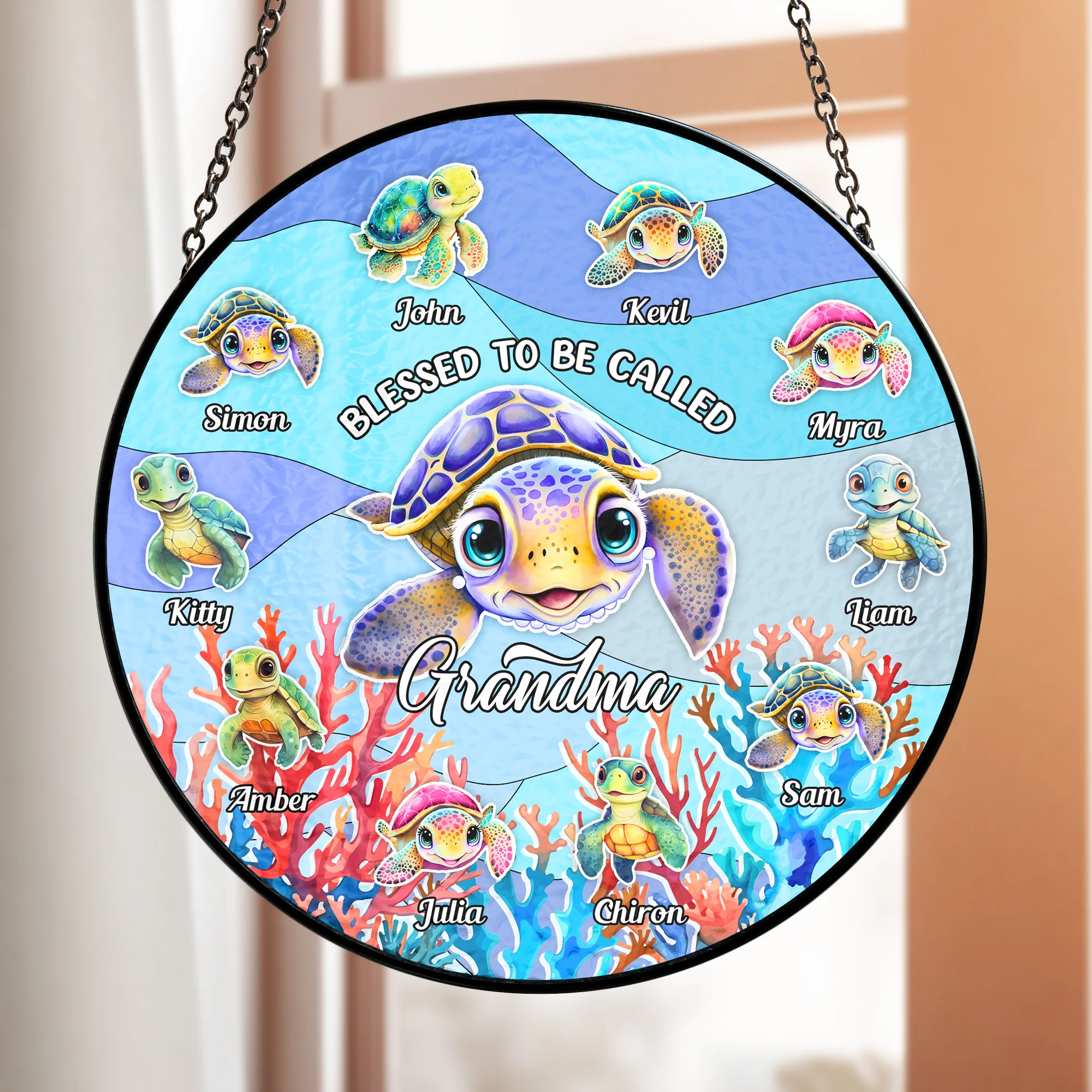 Turtley Grandma - Personalized Stained Glass Window Hanging Suncatcher - Gift For Mom, Grandma, Mother's Day | NA94 - Image 3