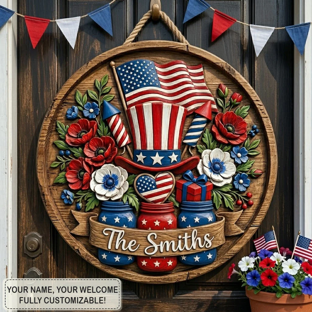 Uncle Sam Fireworks - Custom Wood Sign - Personalized America 250th Anniversary Gifts For Mom, Dad, Brother, Sister, Kids