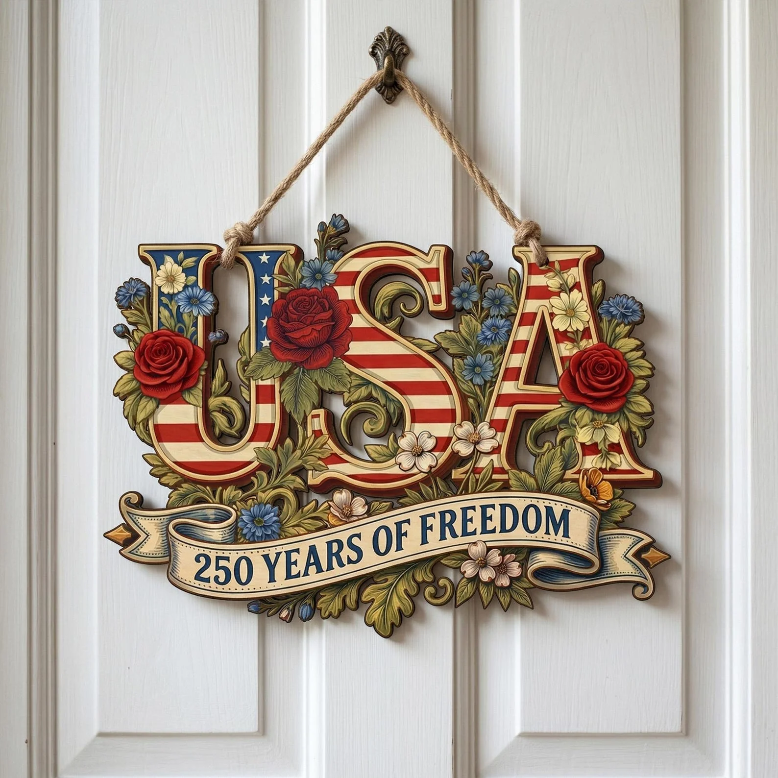 USA 250 Years Of Freedom Floral - Personalized Wood Sign - Gift For Patriots - Image 2