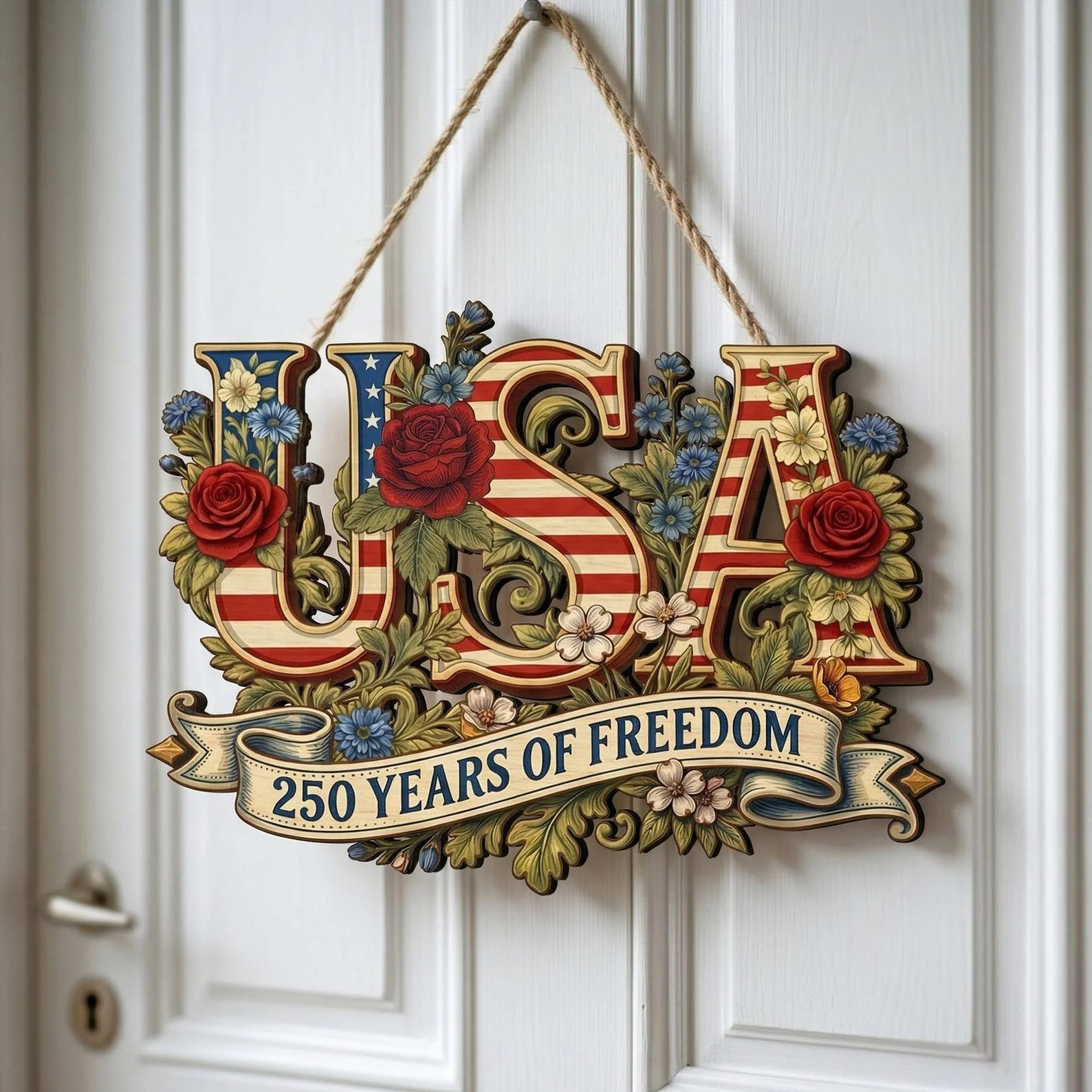 USA 250 Years Of Freedom Floral - Personalized Wood Sign - Gift For Patriots - Image 3