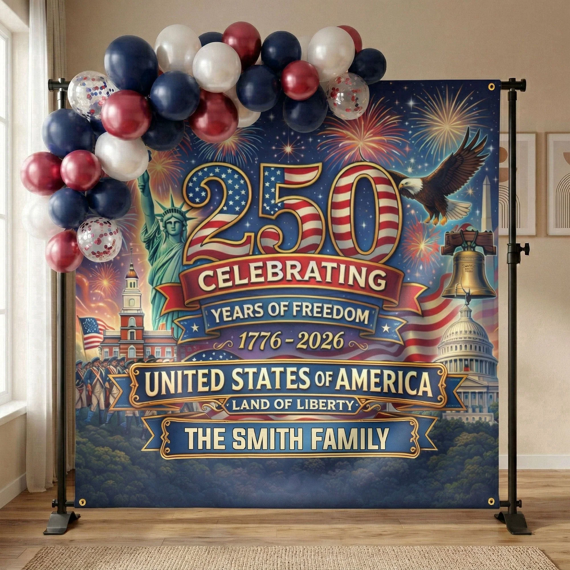 USA Celebrating 250 Years Of Freedom Land Of Liberty - Personalized Backdrop - Gift For Patriotic Family - Image 2