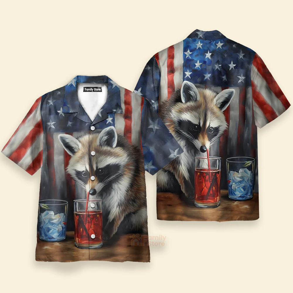 USA Flag Raccoon Chest Pocket Short Sleeve Casual Shirt Hawaiian Shirt - Image 2