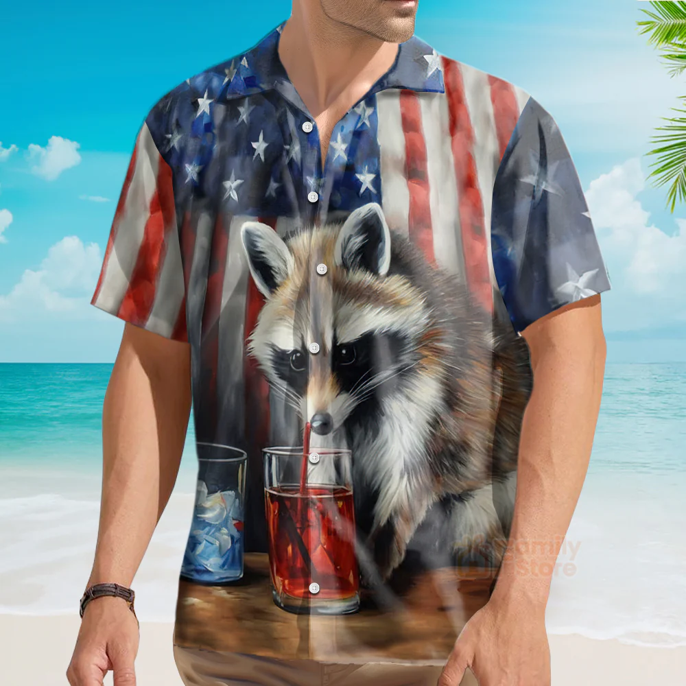 USA Flag Raccoon Chest Pocket Short Sleeve Casual Shirt Hawaiian Shirt - Image 3