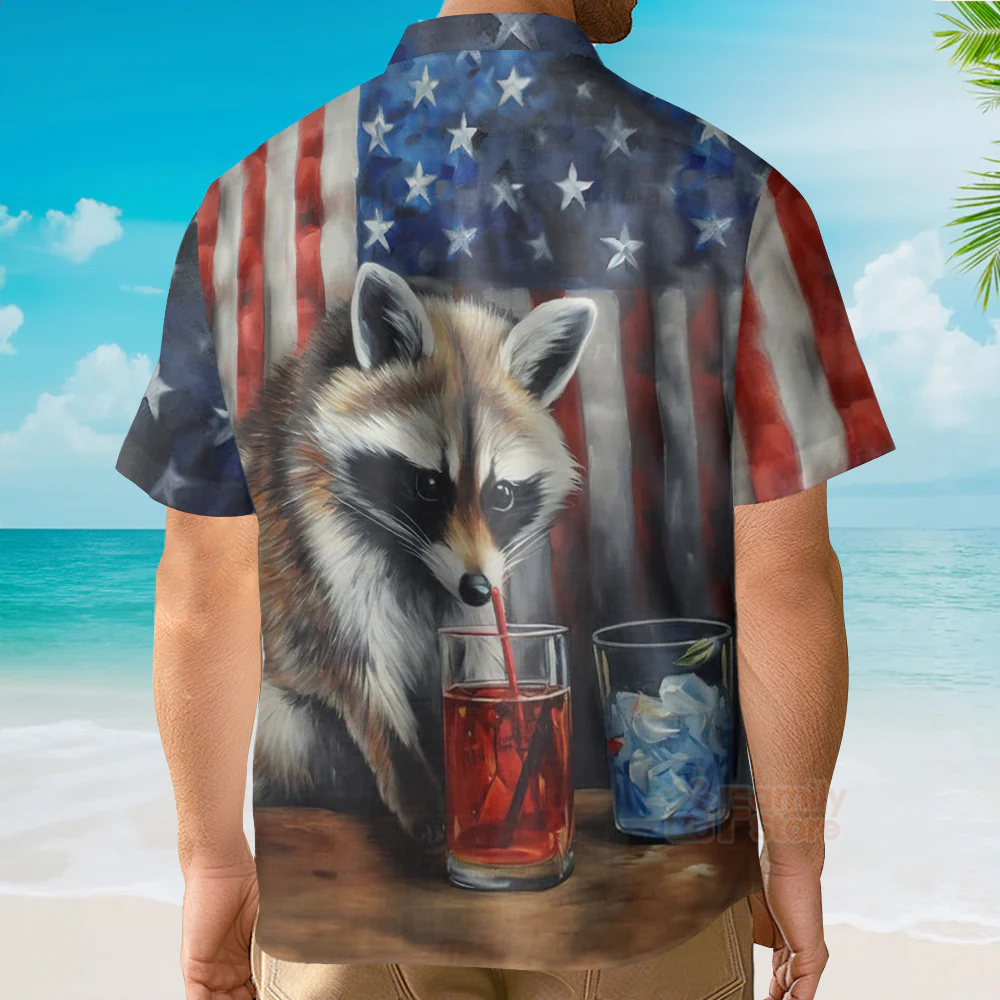 USA Flag Raccoon Chest Pocket Short Sleeve Casual Shirt Hawaiian Shirt - Image 4