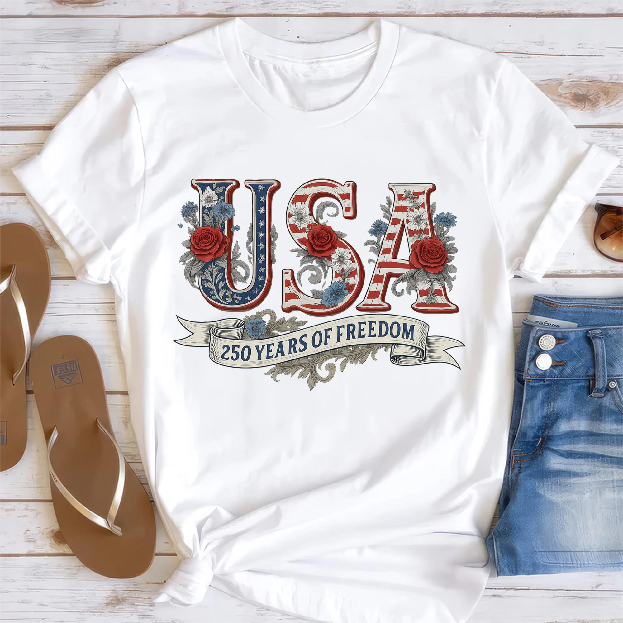 USA Floral 250 Years Of Freedom Vintage Shirt - Gift For Patriotic, Veteran HN02 - Image 5