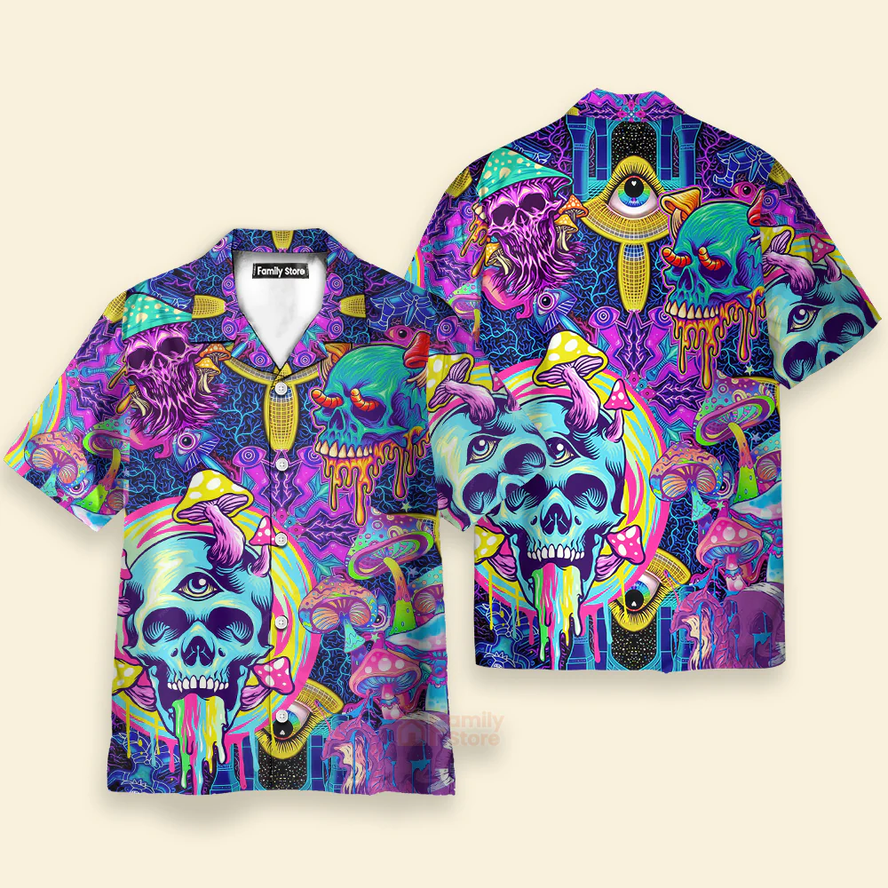 Vaporwave Psychedelic Hippie Skull And Mushrooms - Hawaiian Shirt - Image 2