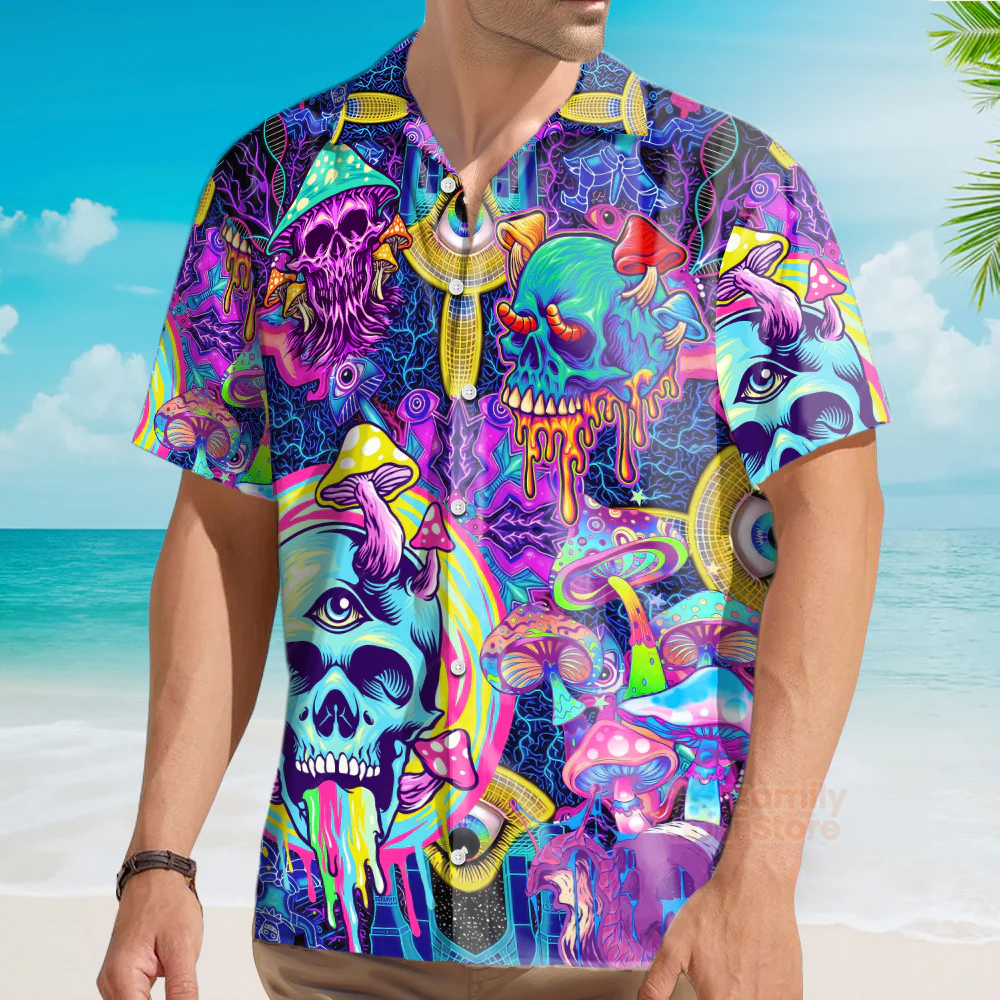Vaporwave Psychedelic Hippie Skull And Mushrooms - Hawaiian Shirt - Image 3