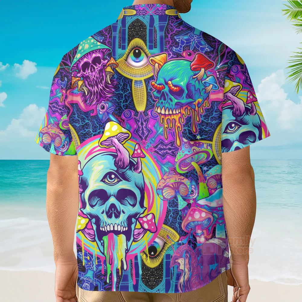 Vaporwave Psychedelic Hippie Skull And Mushrooms - Hawaiian Shirt - Image 4