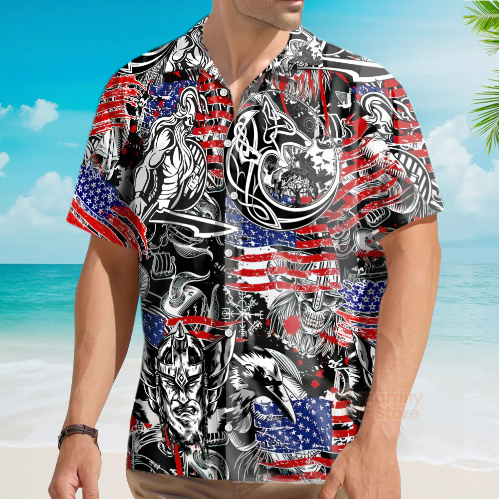 Viking Independence Day Odin Warrior And Wolf Hawaiian Shirt - Image 3