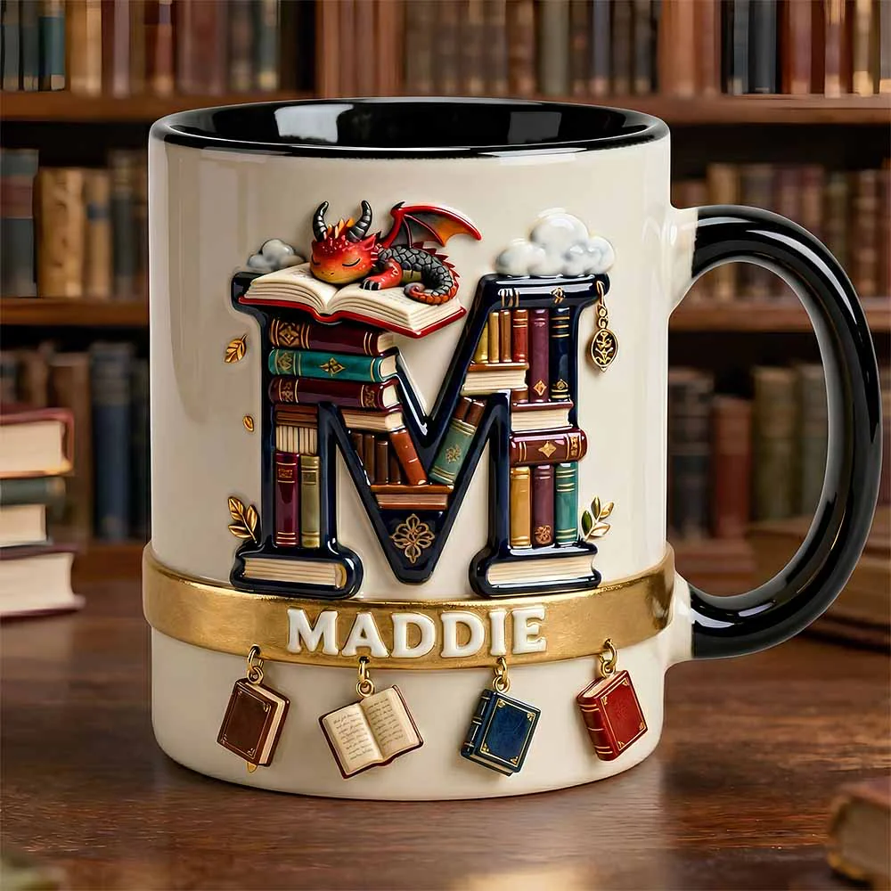 Vintage Book Dragon Alphabet Initial Letter - Personalized Accent Mug - Gift For Book Lovers NL122 - Image 3