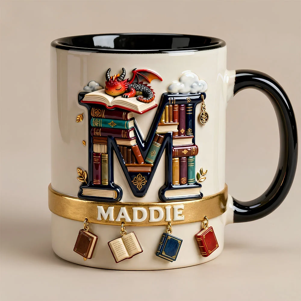 Vintage Book Dragon Alphabet Initial Letter - Personalized Accent Mug - Gift For Book Lovers NL122 - Image 5