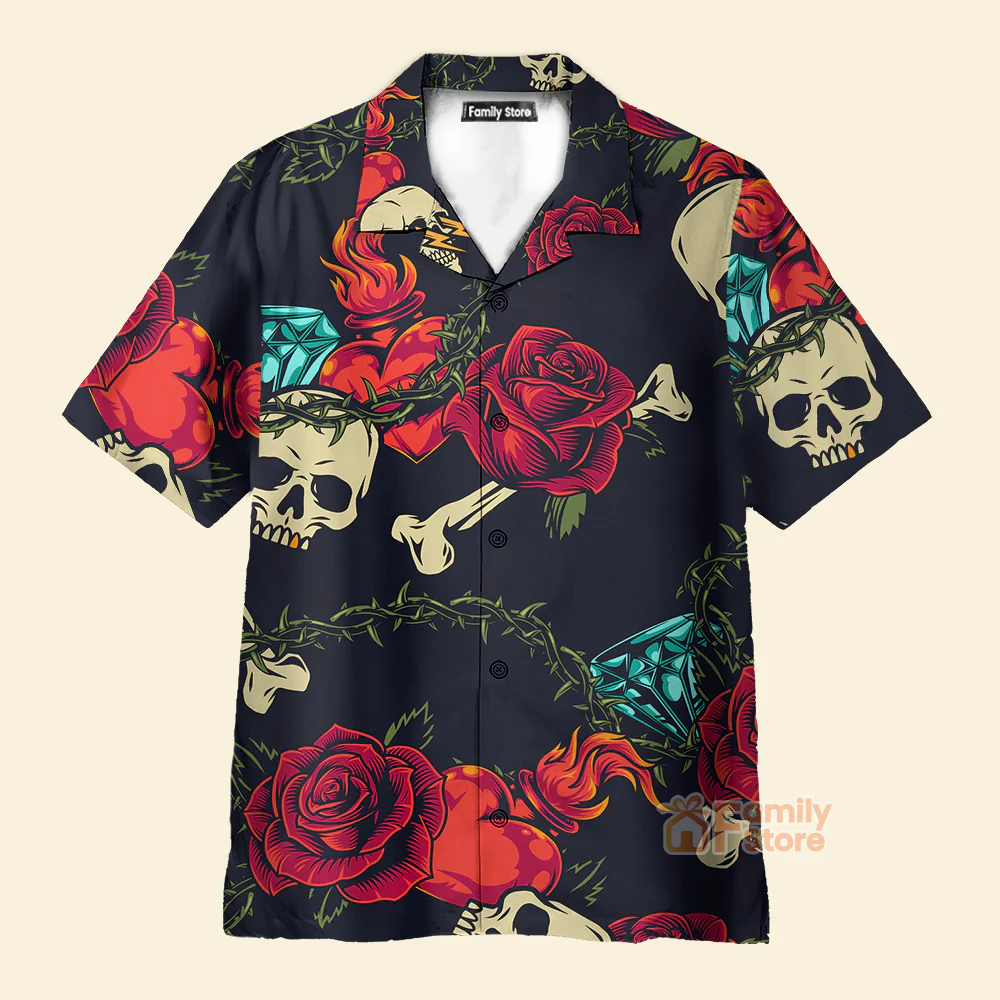 Vintage Black Skull Heart Rose Easy Care - Hawaiian Shirt