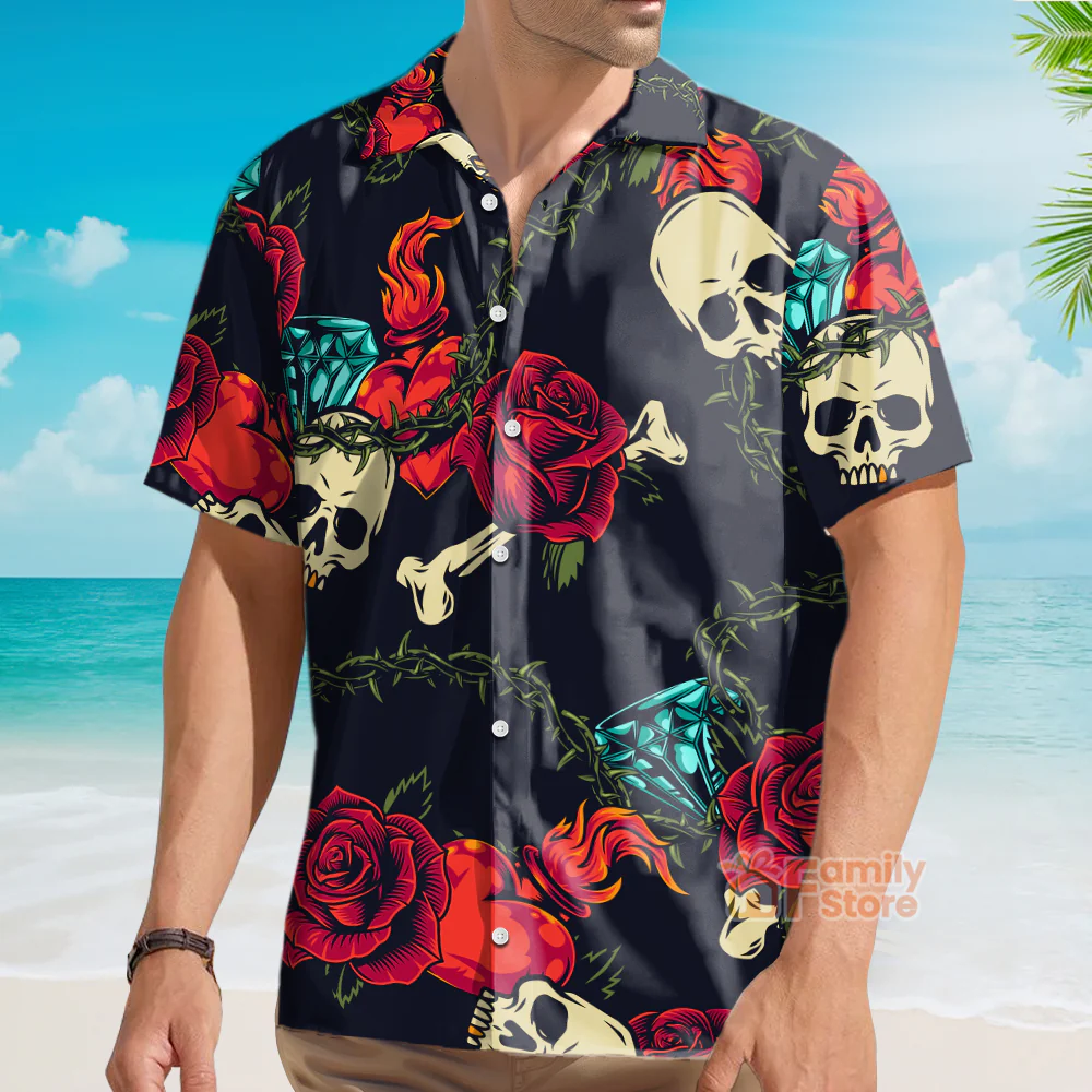 Vintage Black Skull Heart Rose Easy Care - Hawaiian Shirt - Image 3