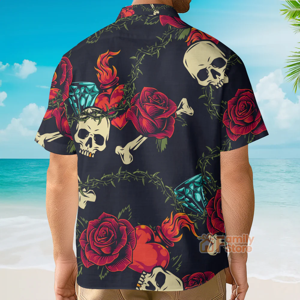 Vintage Black Skull Heart Rose Easy Care - Hawaiian Shirt - Image 4