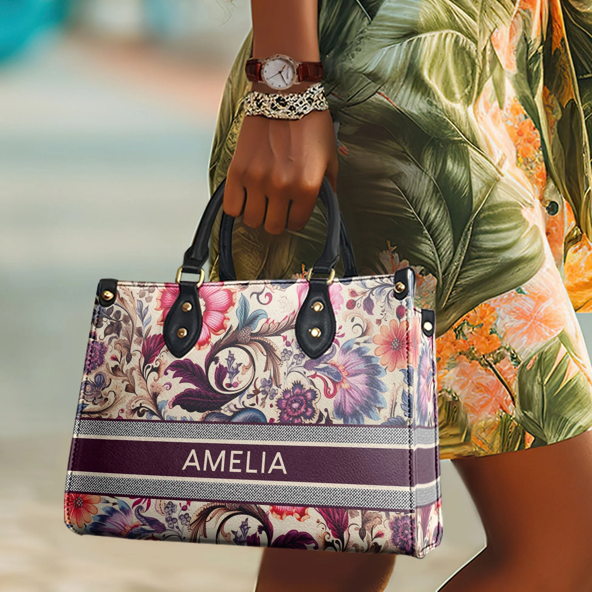 Vintage Monogram Boho Floral - Personalized Leather Handbag - Elegant Gift For Her HD95 - Image 2