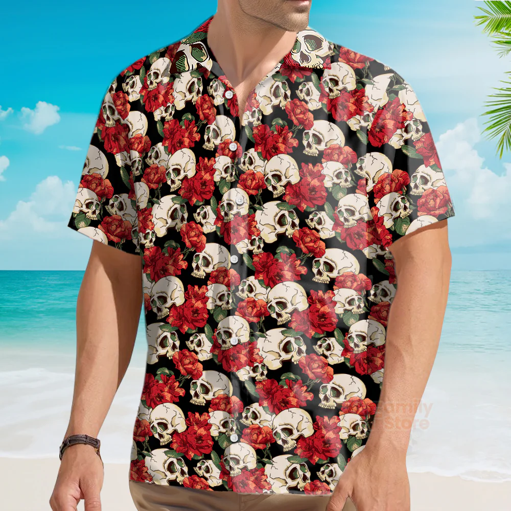 Vintage Skull Casual Turn-Down Collar Hawaiian Shirt - Image 3
