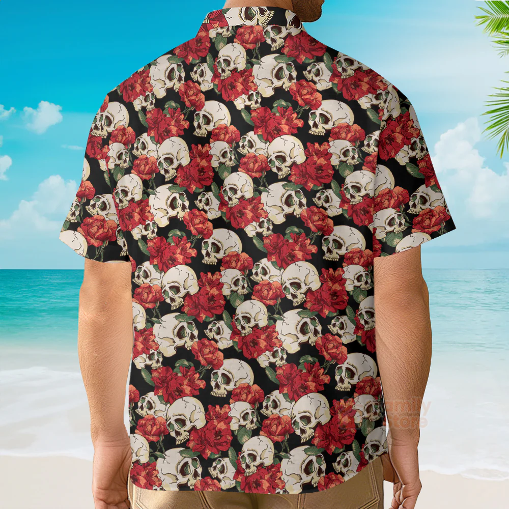 Vintage Skull Casual Turn-Down Collar Hawaiian Shirt - Image 4