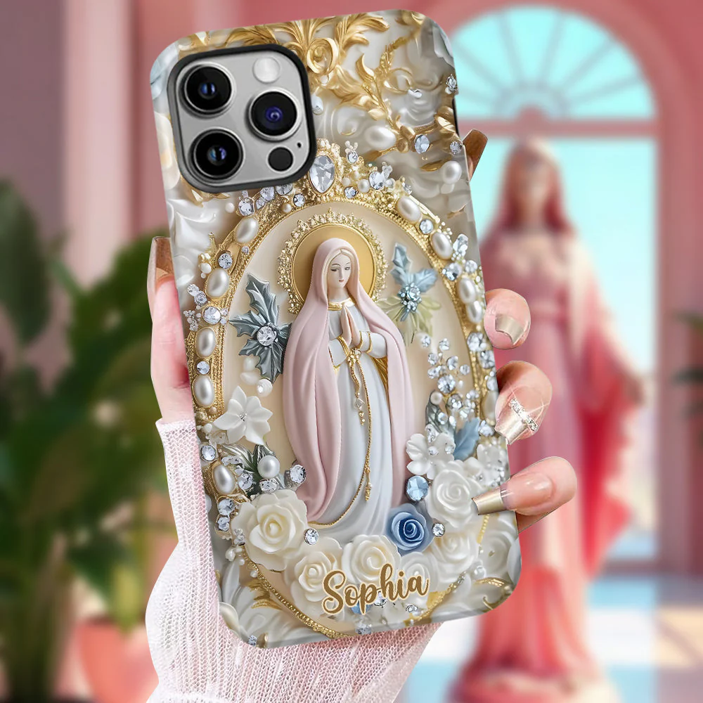 Virgin Mary Blessed Design Pearl & Floral - Personalized Phone Case - Gift For Christian BA01