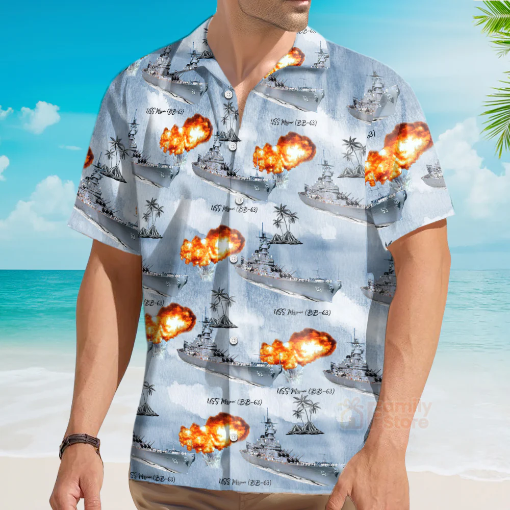 Warship Battleship USS Missouri (BB-63) "Mighty Mo" Palm Tree - Hawaiian Shirt - Image 4