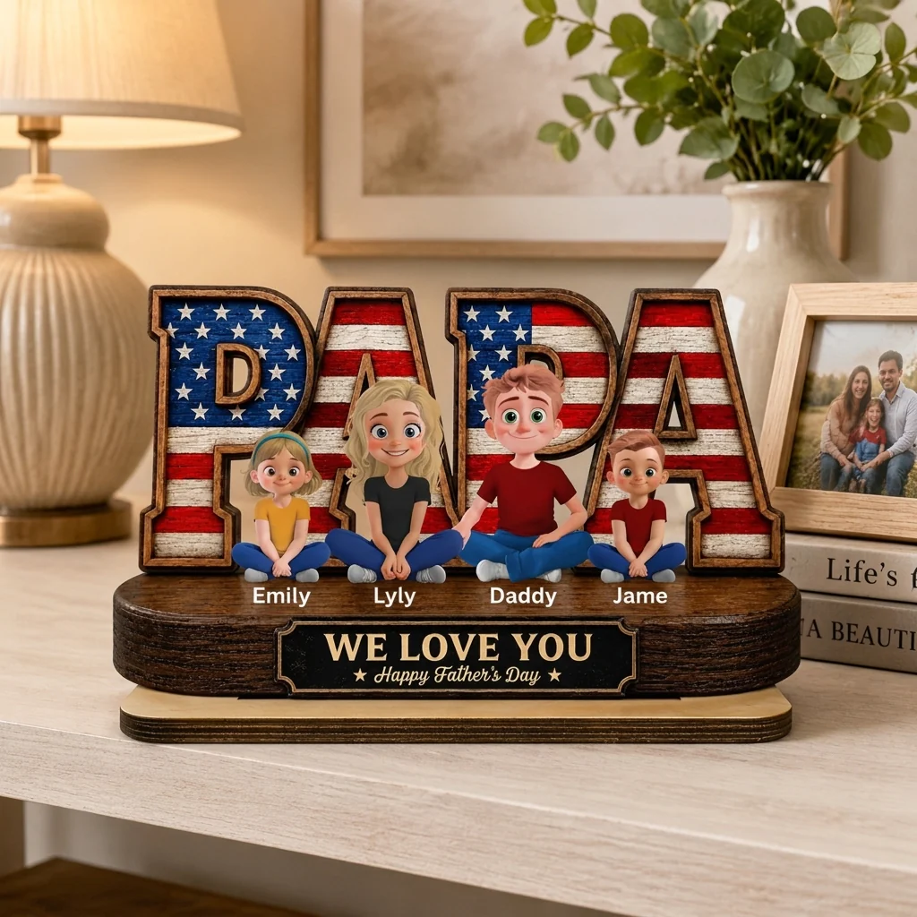 We Love You PaPa American Flag - Personalized Standing Wooden Plaque - Gifts For Dad, Grandpa, Patriotic Family