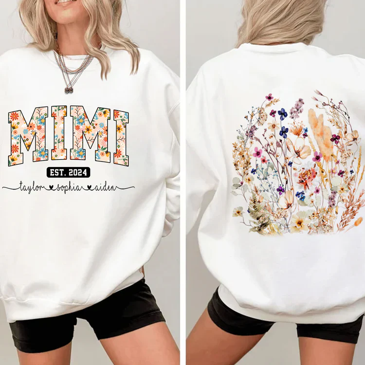 Wildflower Mimi With Kids- Personalized Sweatshirt With Design On Sleeve - Gift For Grandma, Mom, Wife - NH96