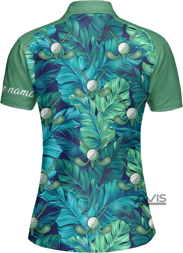 Tropical Leaves Green Golf - Personalized Women Polo - Image 3