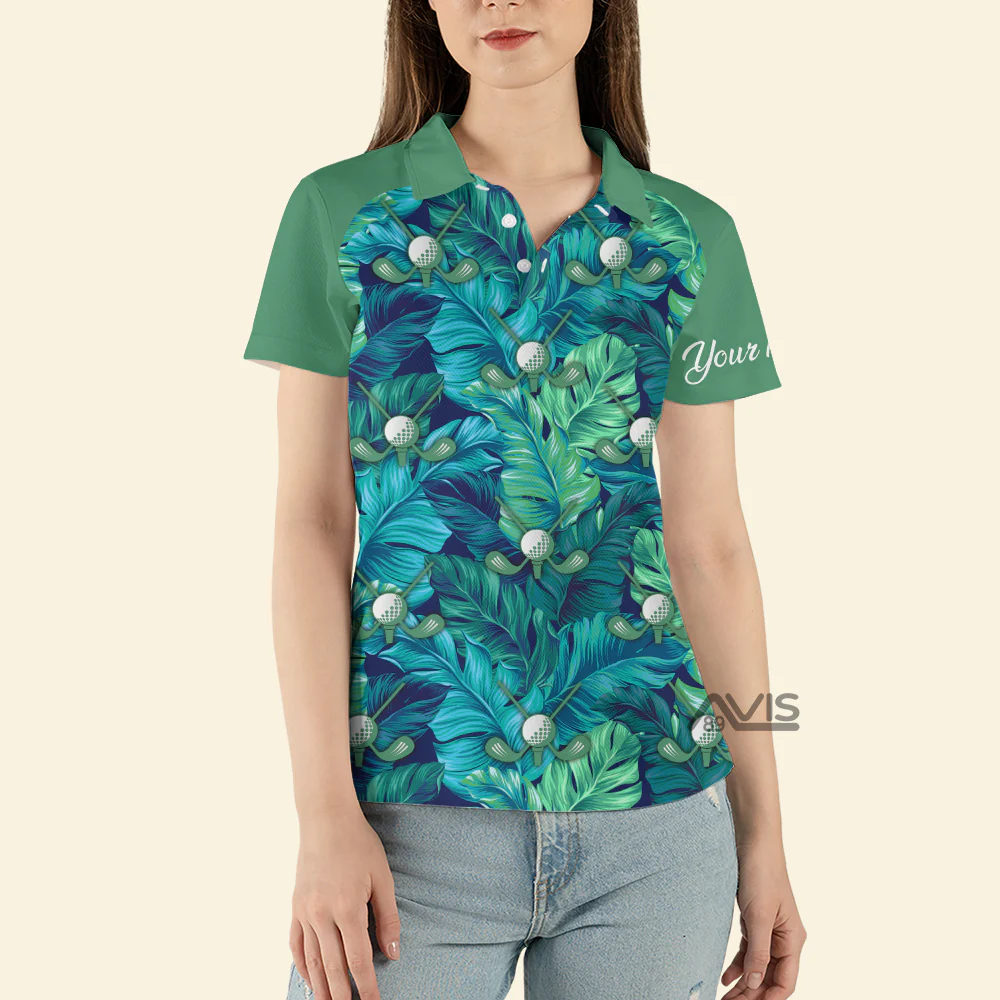 Tropical Leaves Green Golf - Personalized Women Polo - Image 4