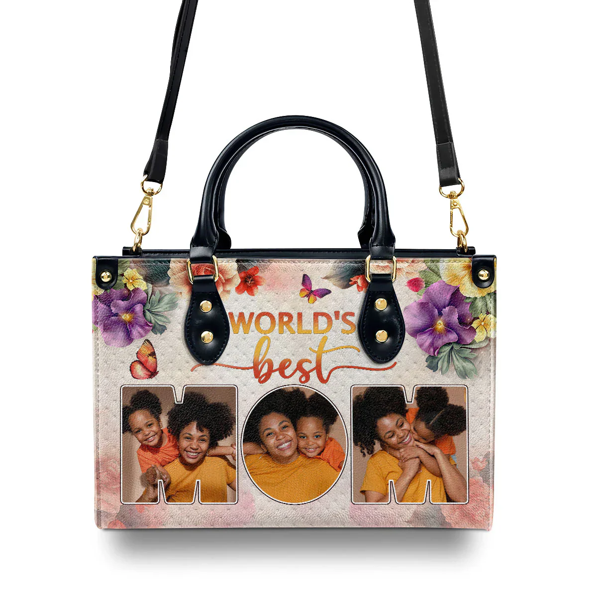 World’s Best Mom Custom Photo Tote - Personalized Leather Handbag - Gift for Black Women, Mother’s Day | HD95 - Image 3