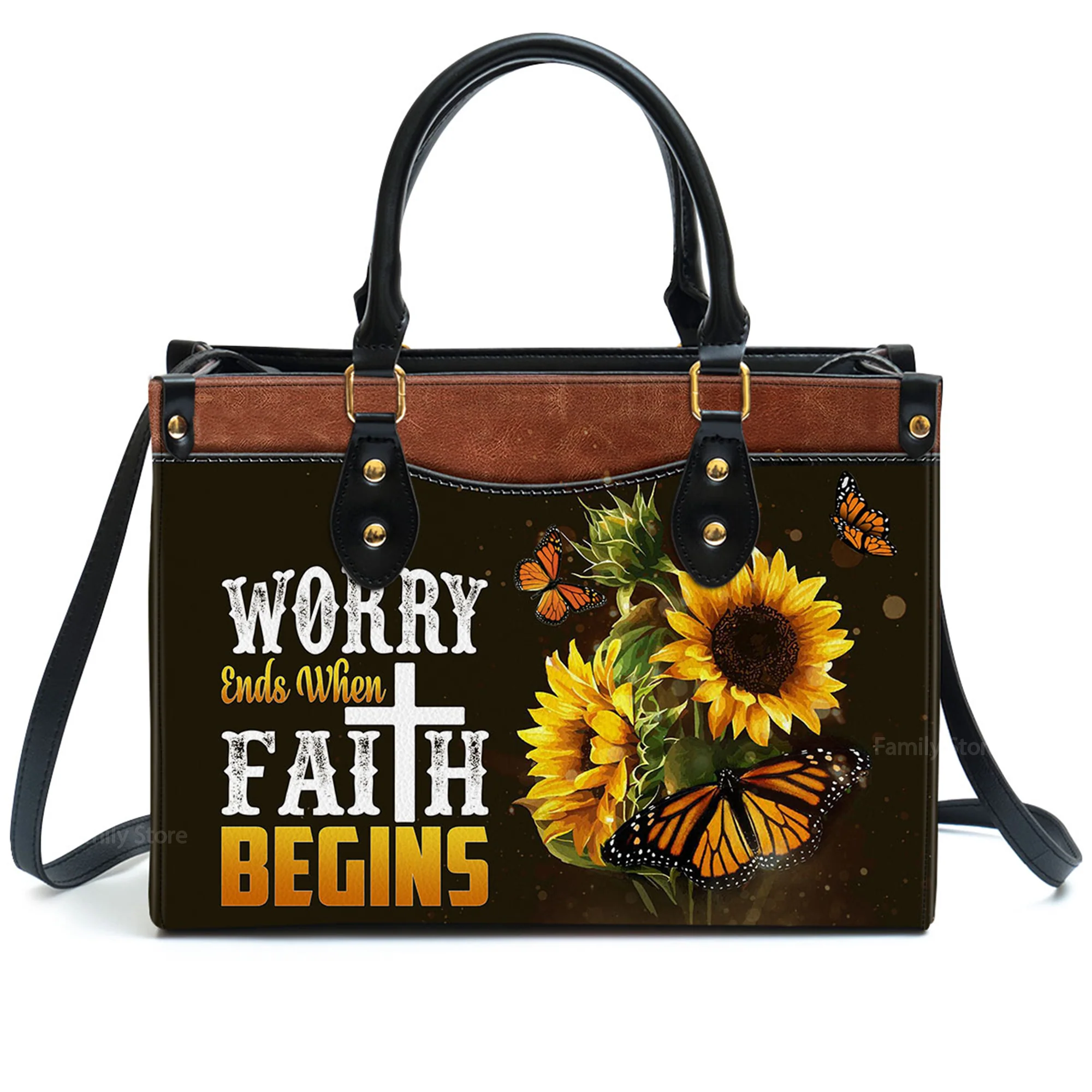 Worry Ends When Faith Begins Lovely Butterfly - Thoughtful Gift For Christians - Personalized Leather Handbag With Handle - AT4081465 - Image 2