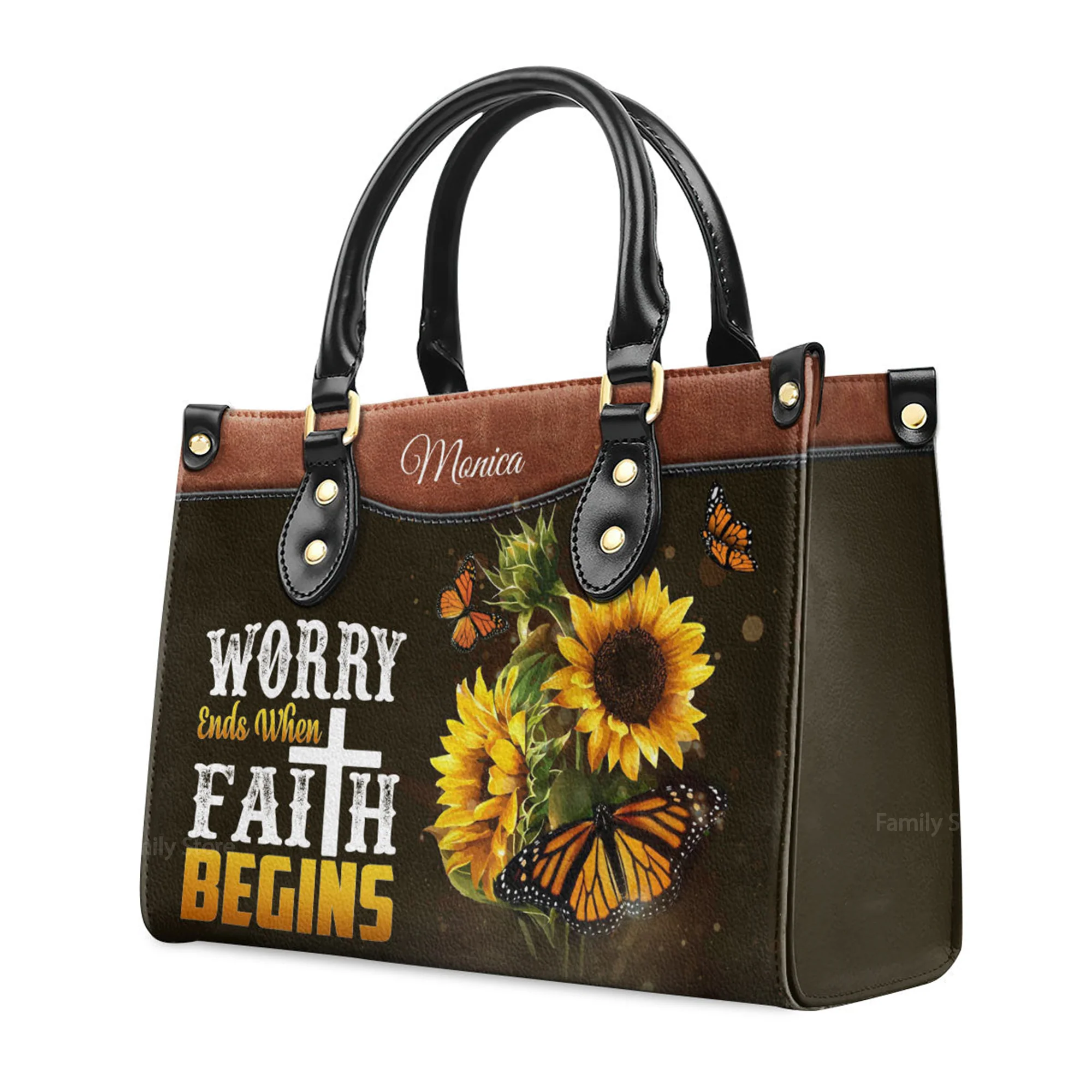 Worry Ends When Faith Begins Lovely Butterfly - Thoughtful Gift For Christians - Personalized Leather Handbag With Handle - AT4081465 - Image 3