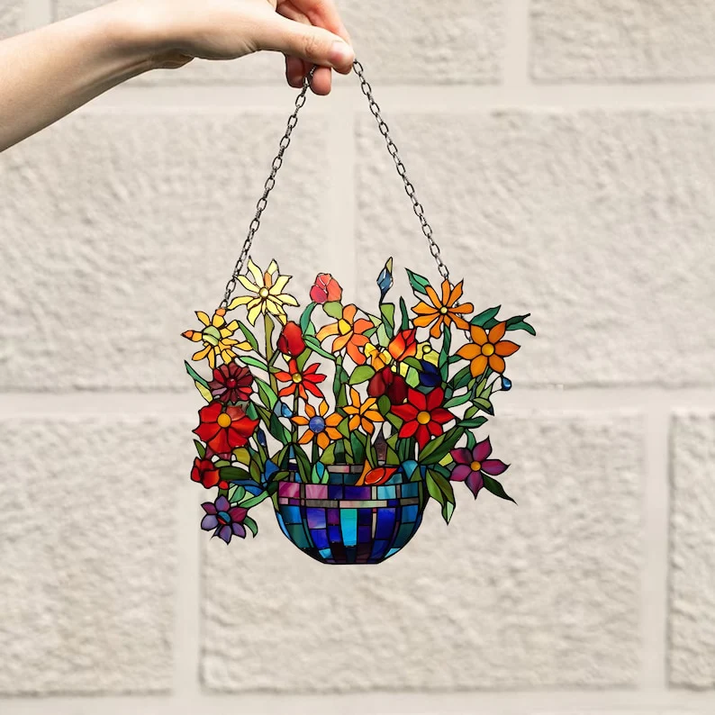 Yellow Flowers Basket - Gift For Friends, Family Members - Window Hanging Window Hanging Suncatcher Ornament - Image 3
