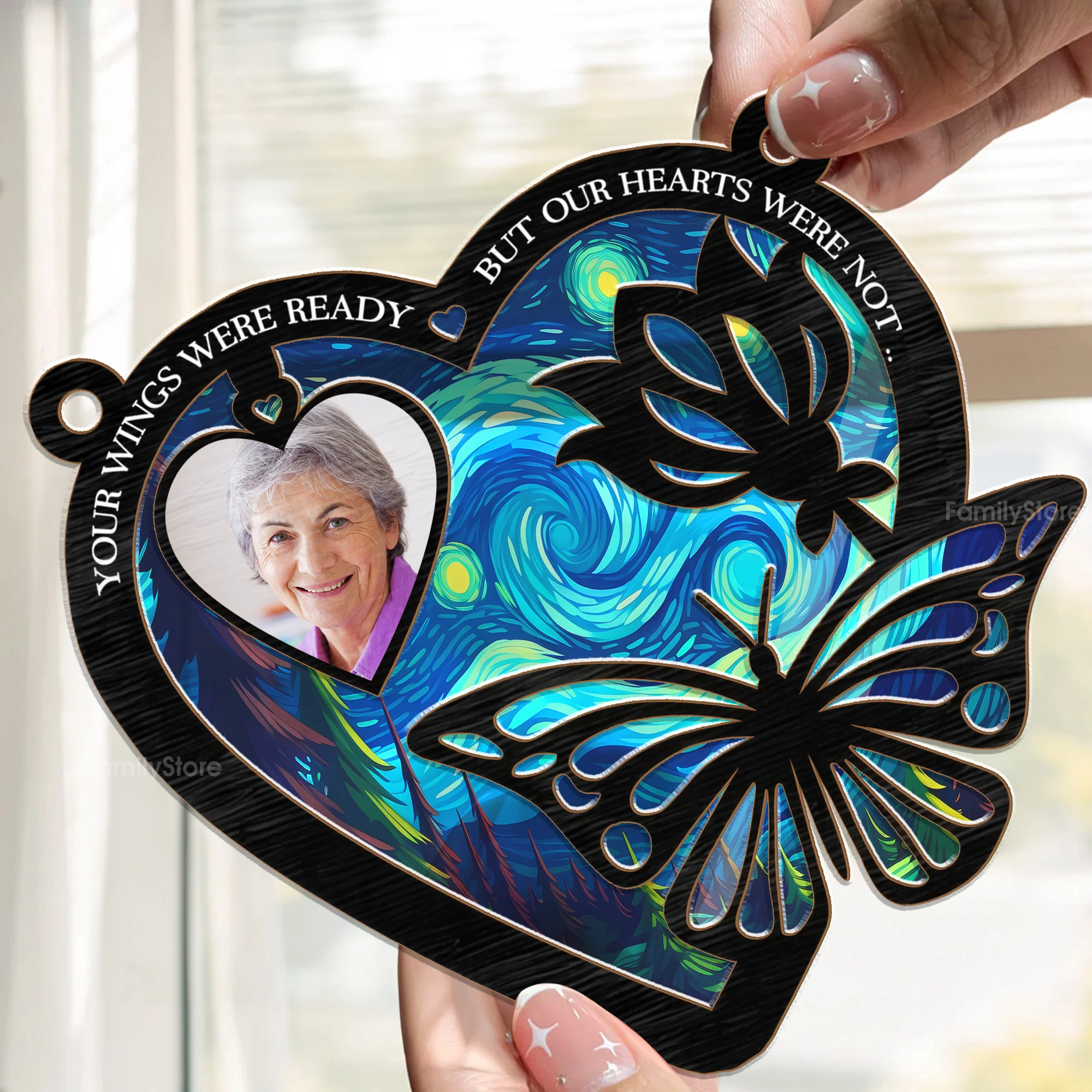 Your Wings Were Ready But Our Hearts Were Not - Memorial Gift - Personalized Window Hanging Window Hanging Suncatcher Ornament NA94 - Image 3